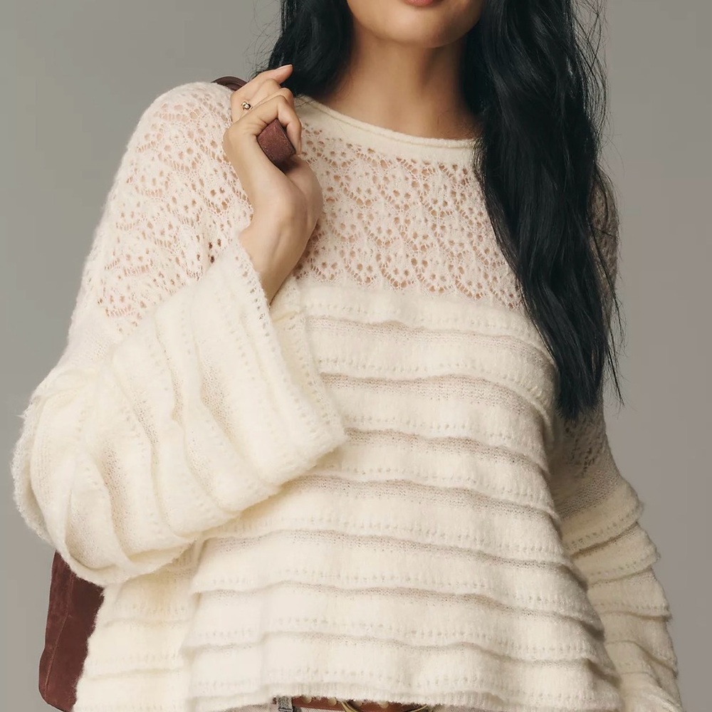 Anthropologie Pilcro Boatneck Ruffled
Pointelle Swing Sweater